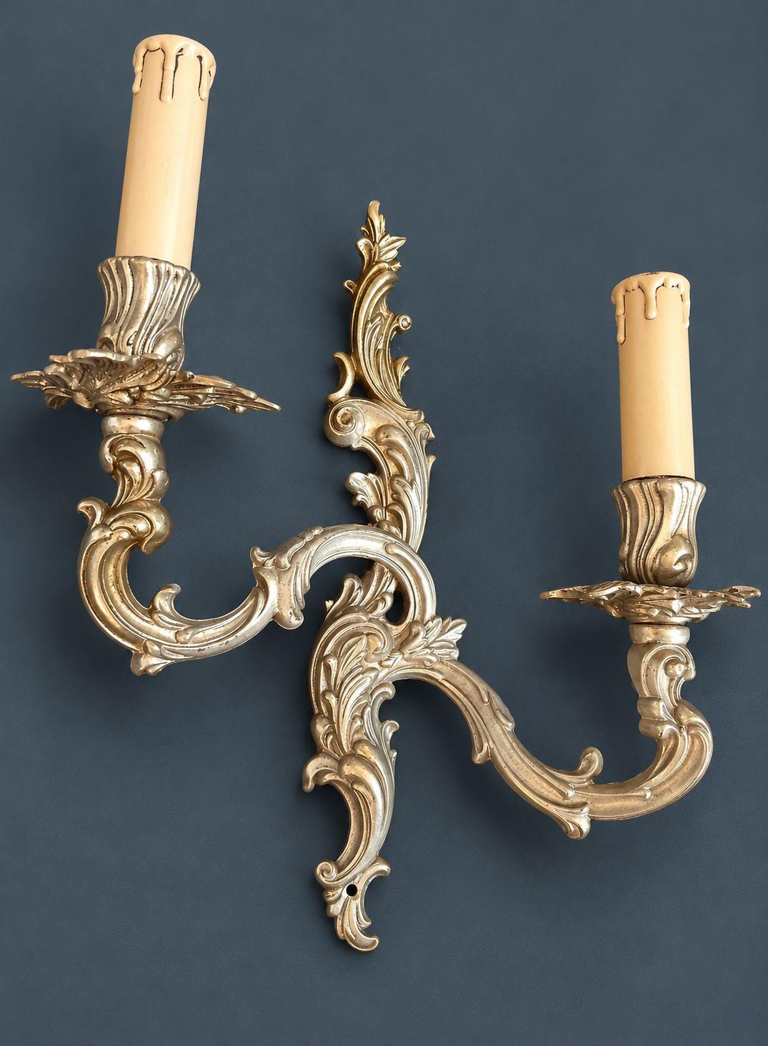 Set of Four Vintage Louis XV Style Bronze Wall Sconces, Two-Arm Rocaille Acanthus Design with Leaf Bobeches, Two Pairs