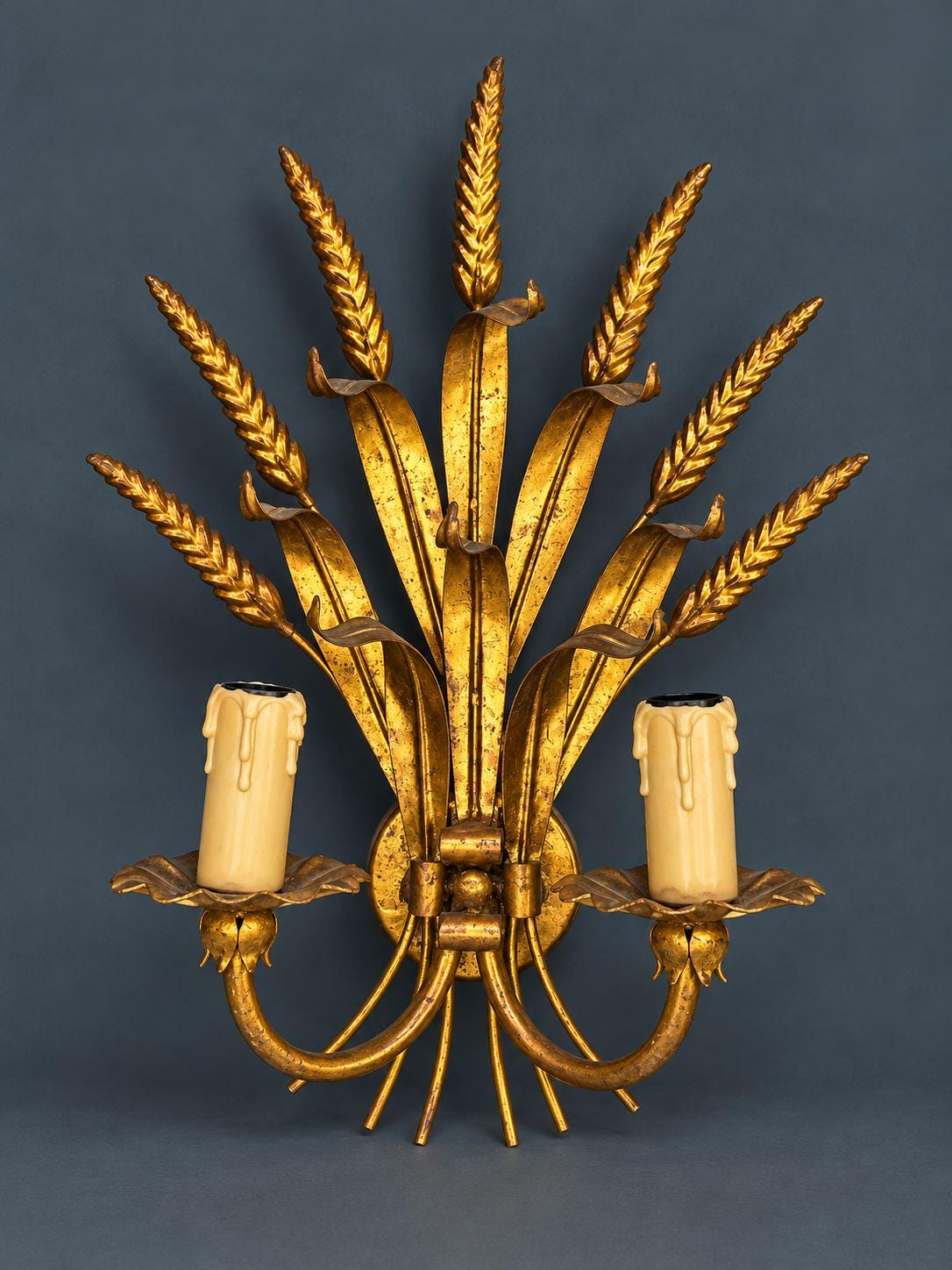 Pair of Vintage Gilt Tole Wheat Sheaf Wall Sconces, Two-Light Hollywood Regency Design with Ribbon Tie and Drip Sleeves