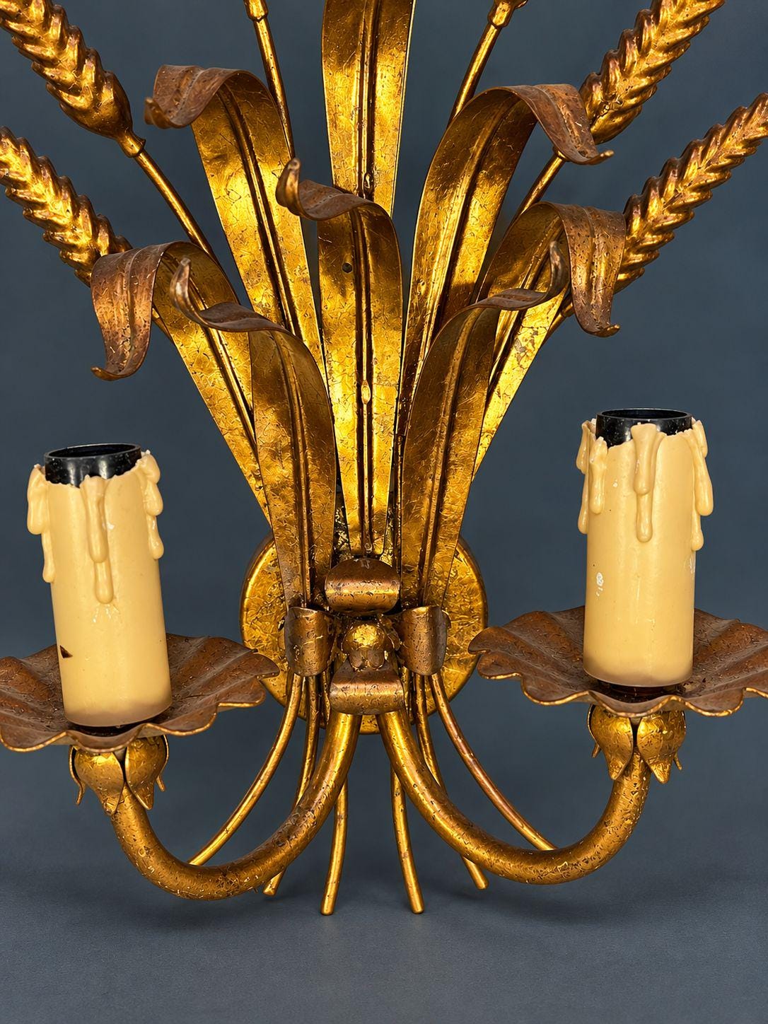 Pair of Vintage Gilt Tole Wheat Sheaf Wall Sconces, Two-Light Hollywood Regency Design with Ribbon Tie and Drip Sleeves