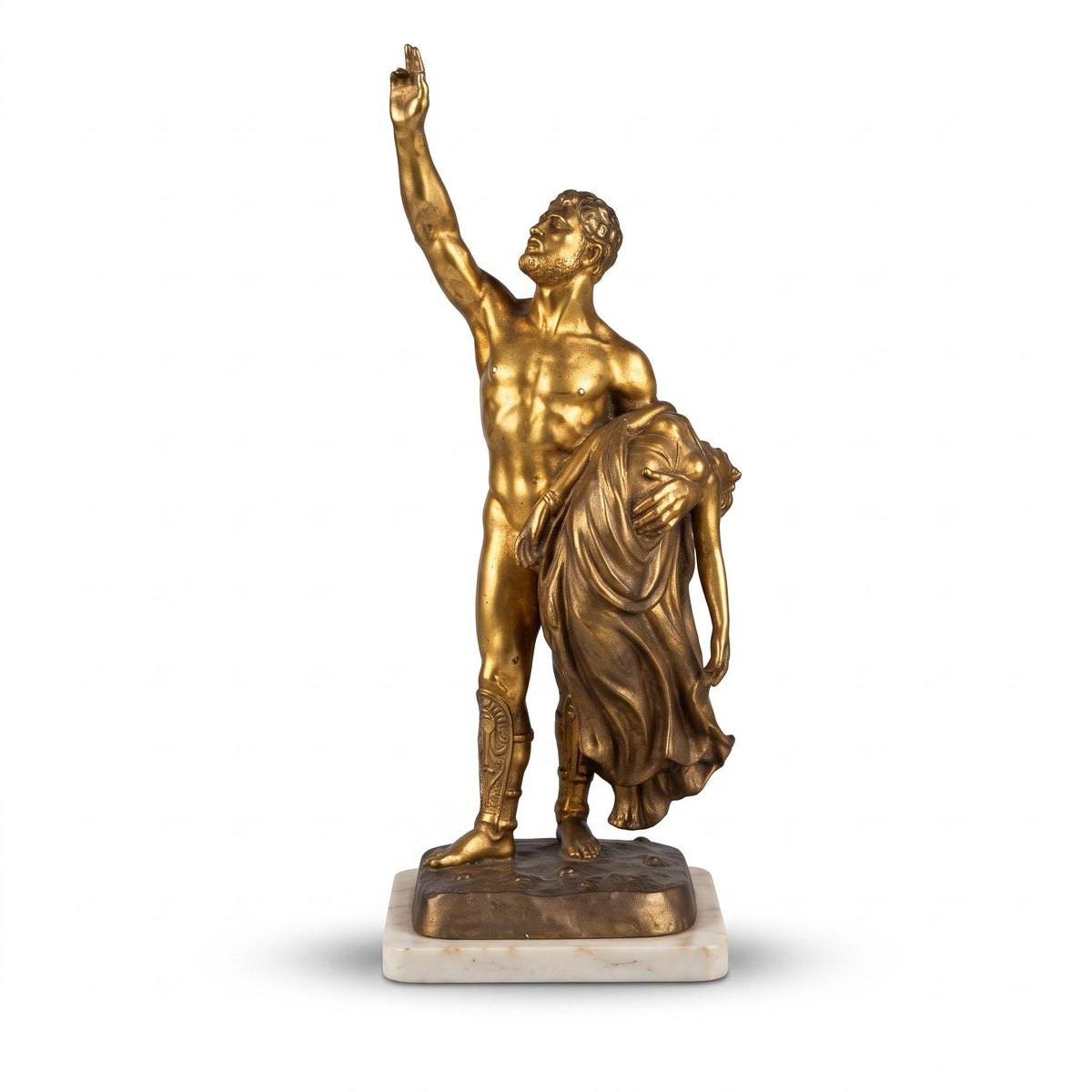 Mythological Warrior Statue Carrying a Woman, Gold-Tone Spelter on Marble Base, Vintage