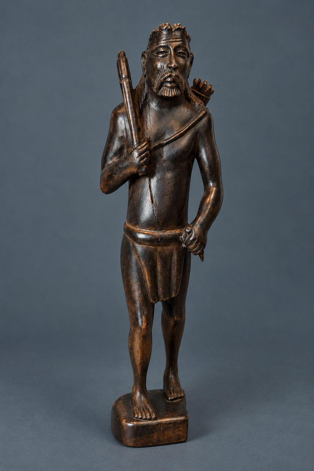 Vintage Hand-Carved Dark Wood Hunter Figure with Spear and Quiver of Arrows, Standing Warrior Statue, Folk Art Sculpture