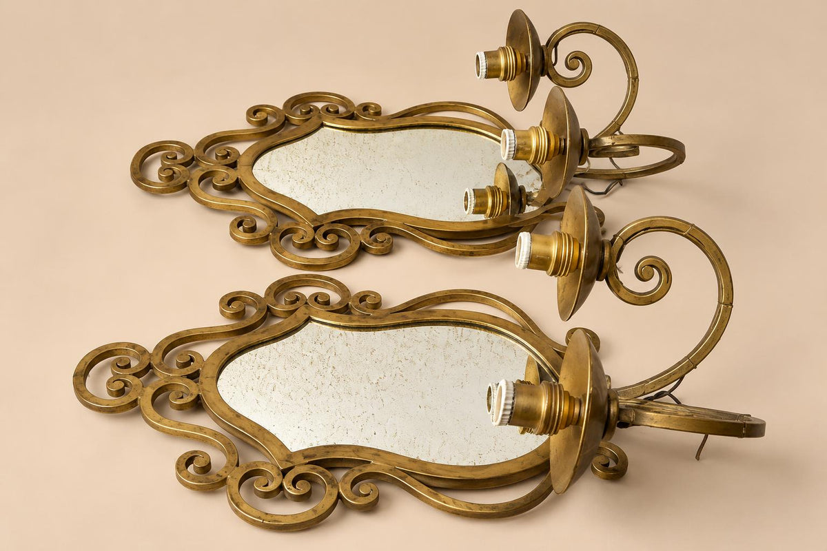 Pair of Gilt Metal Two-Arm Mirror Wall Sconces, Scrolled Arabesque Frame, Vintage