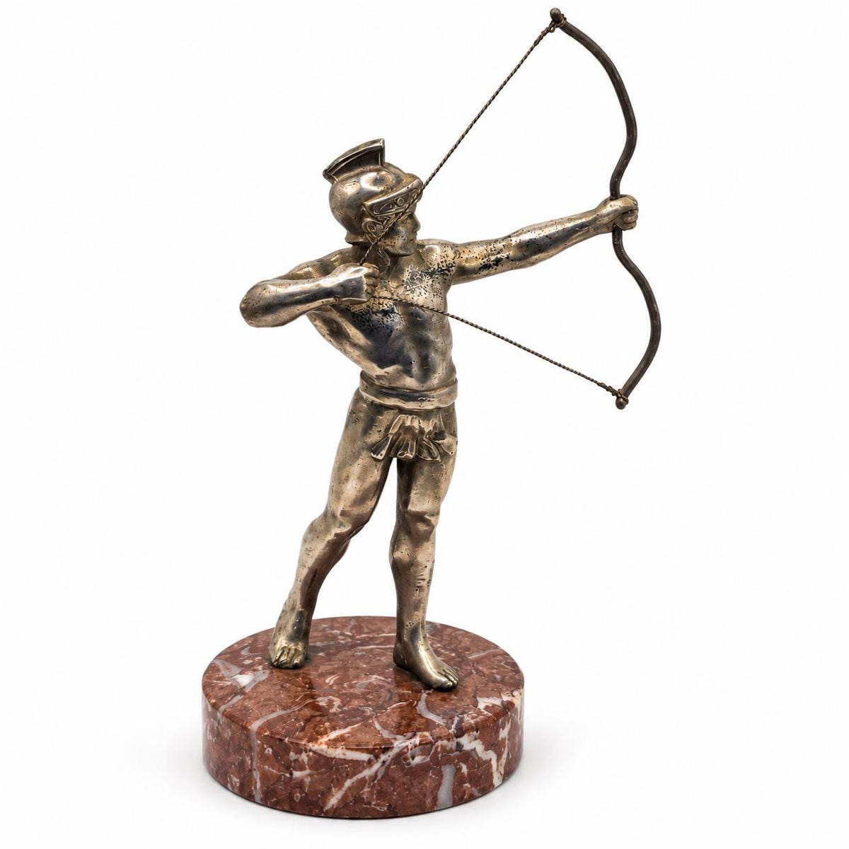 Art Deco Style Archer Statue, Silver-Tone Metal Bowman on Red Stone Base, Vintage
