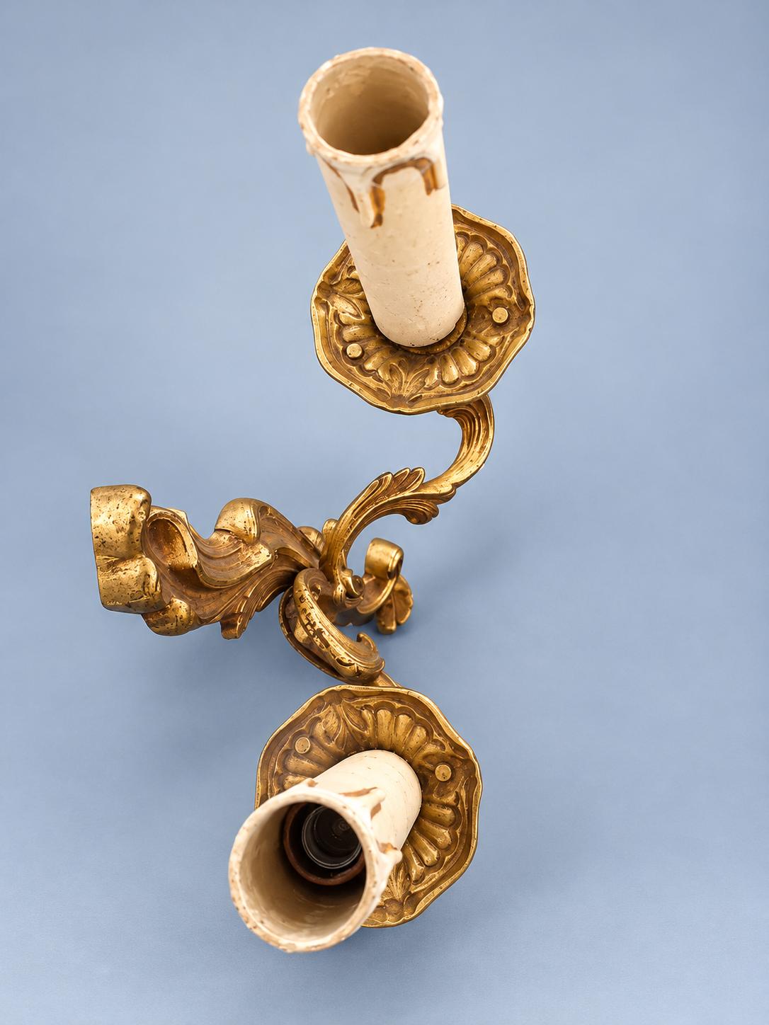 Pair of Gilt Louis XV Style Two-Arm Wall Sconces, Mirrored Acanthus Rocaille Design, Vintage