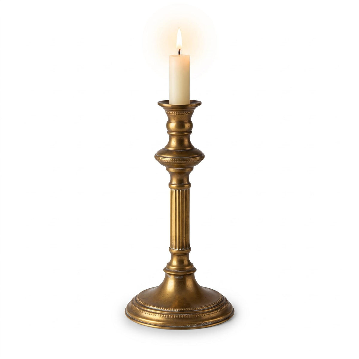 Brass Neoclassical Candlestick with Fluted Column and Beaded Base, Louis XVI Style, Vintage