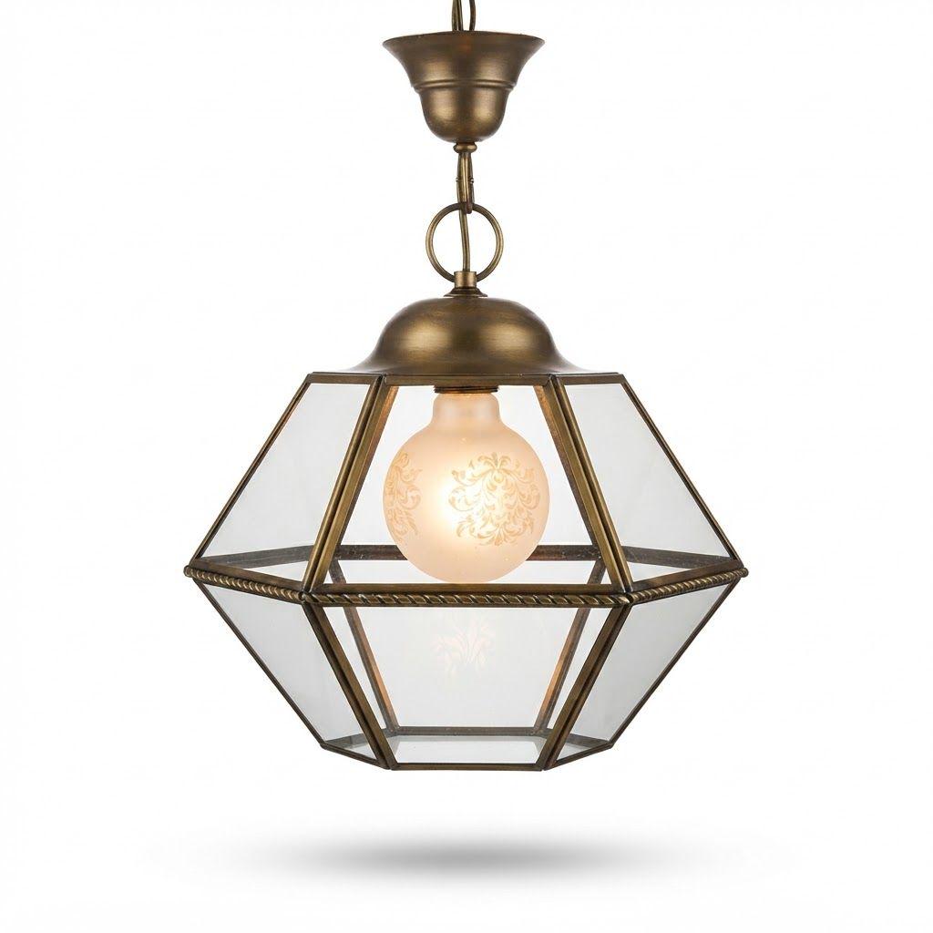 Vintage Hexagonal Brass and Glass Hall Lantern Pendant, Rope Twist Band, Etched Frosted Globe Inside, Bell Canopy and Chain