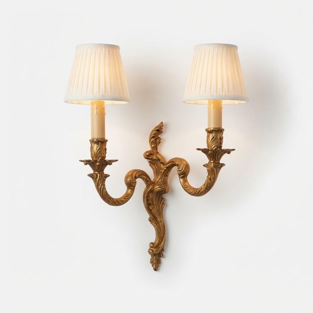 Louis XV Style Gilt Two-Arm Wall Sconce, Interlaced Scroll Arms, 1950s Vintage
