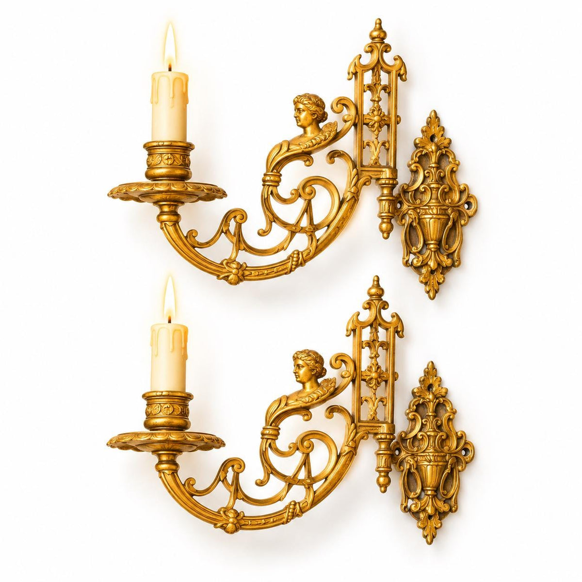 Pair of Gilt Metal Swing-Arm Candle Wall Sconces with Winged Cherub Busts, Vintage
