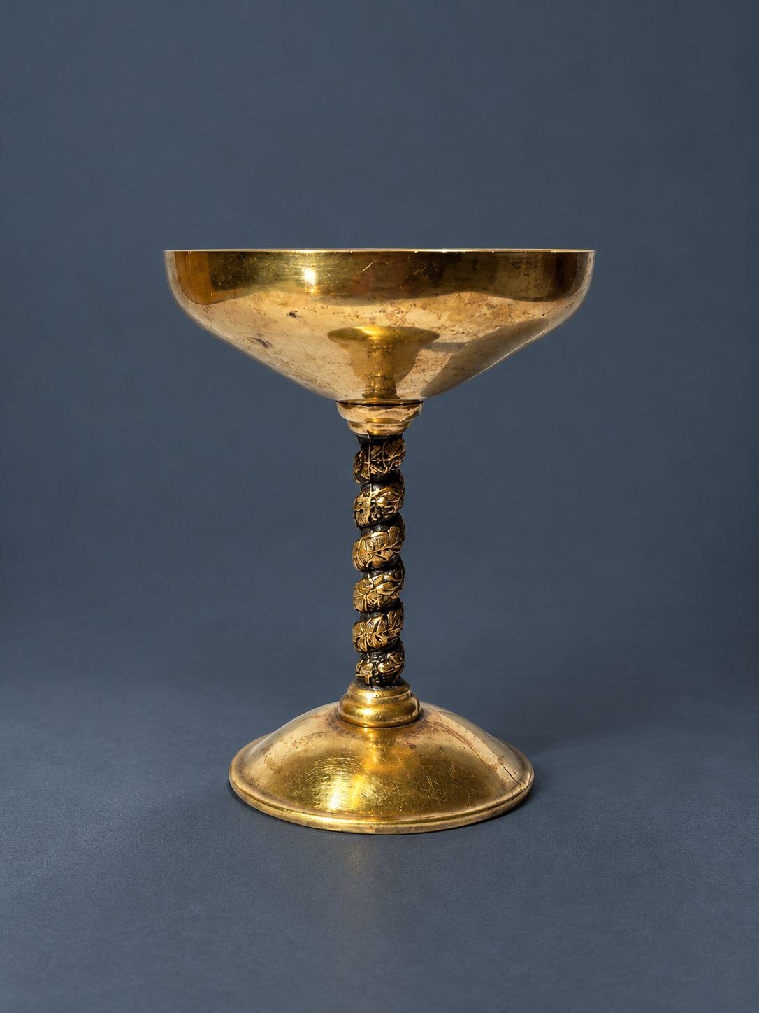 Pair of Vintage Brass Champagne Coupes with Twisted Grape Vine Stems, Footed Goblets, Mid Century Bar Cart or Table Decor