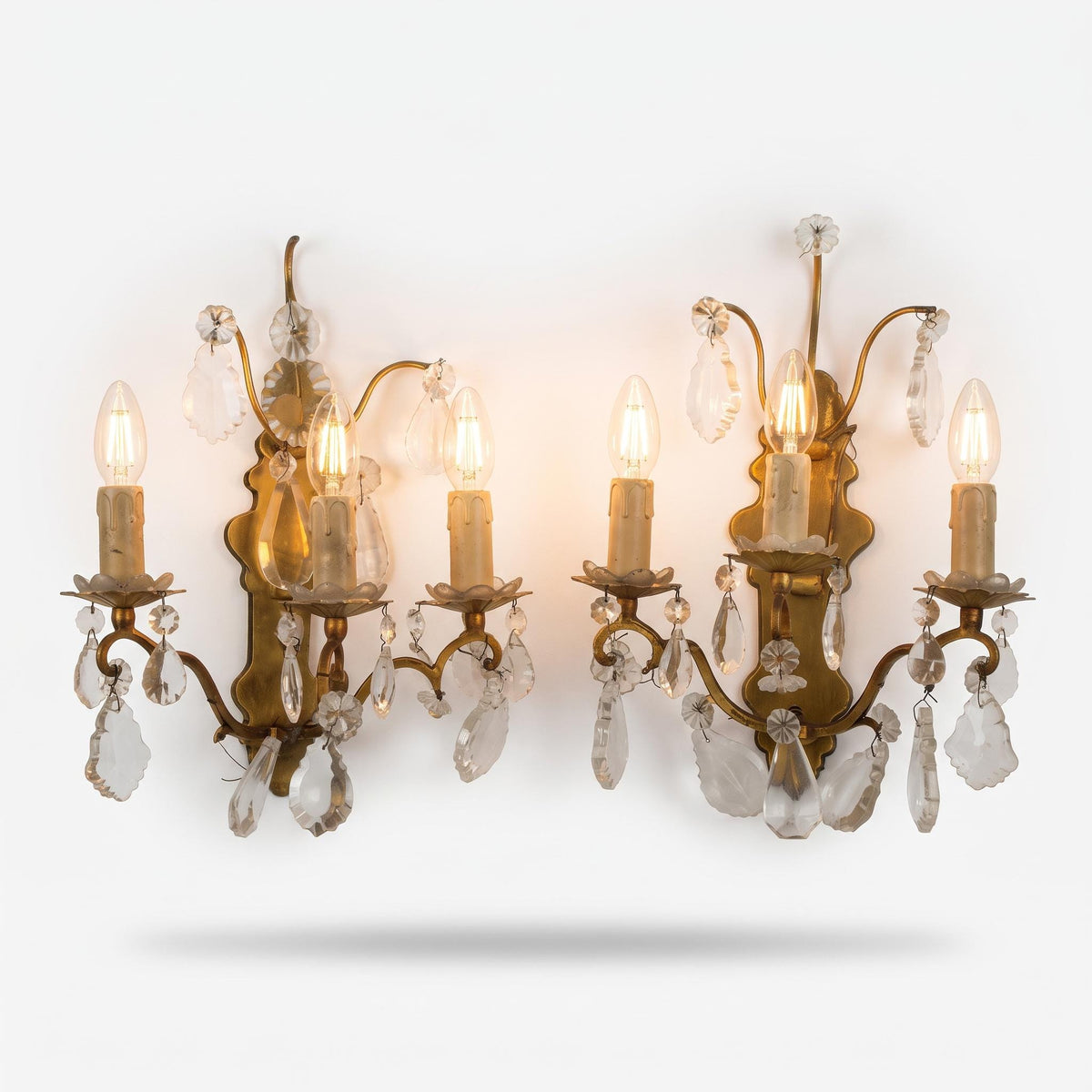 Pair of Gilt Brass Three-Arm Wall Sconces with Glass Drops, Vintage