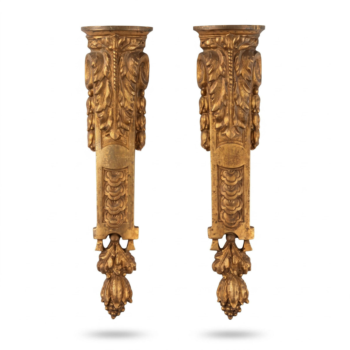 Pair of Gilt Metal Pilaster Furniture Mounts with Acanthus Leaves, Vintage