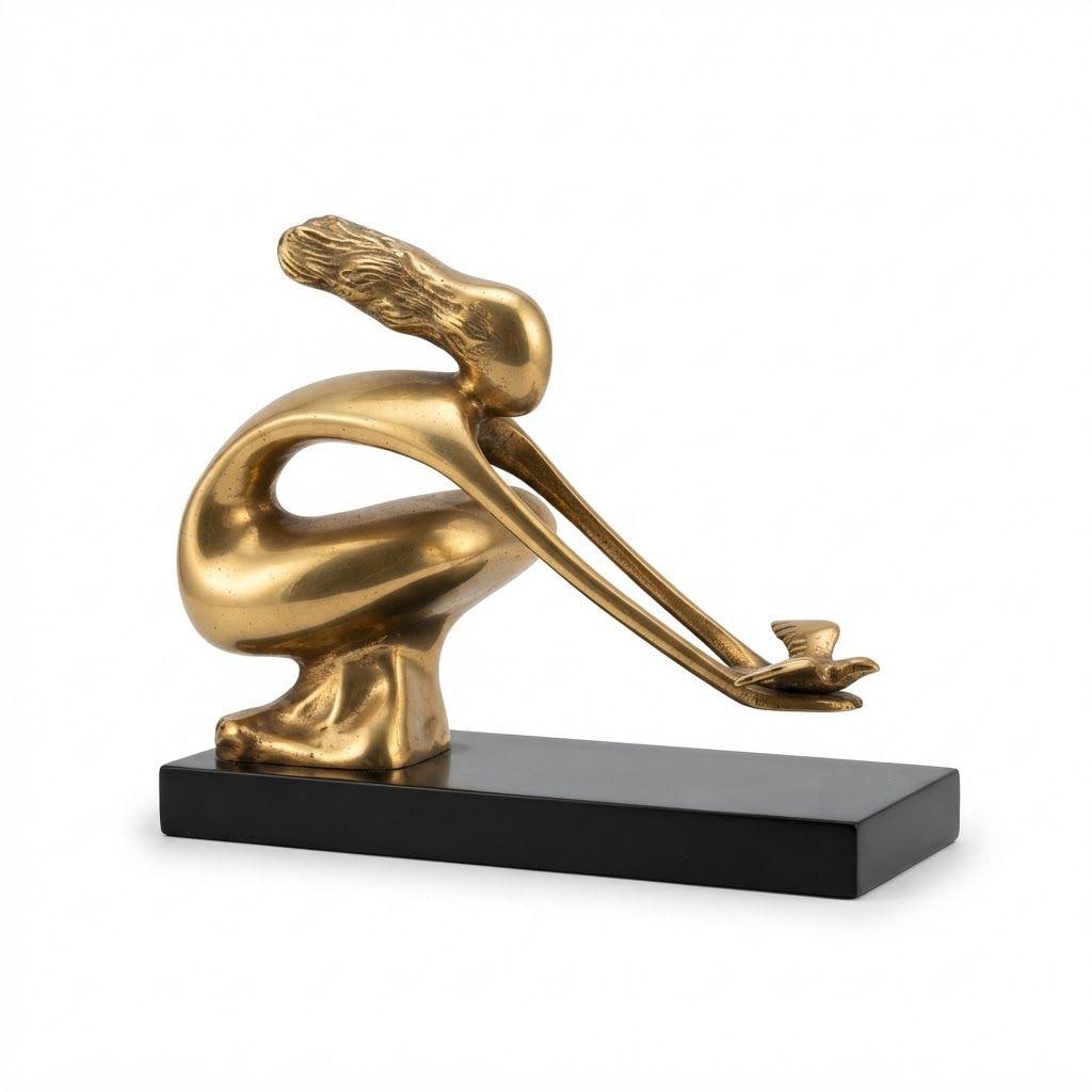 Vintage Modernist Brass or Bronze Sculpture, Stylized Woman Releasing a Dove on Black Wood Base, Peace Symbol Art Decor