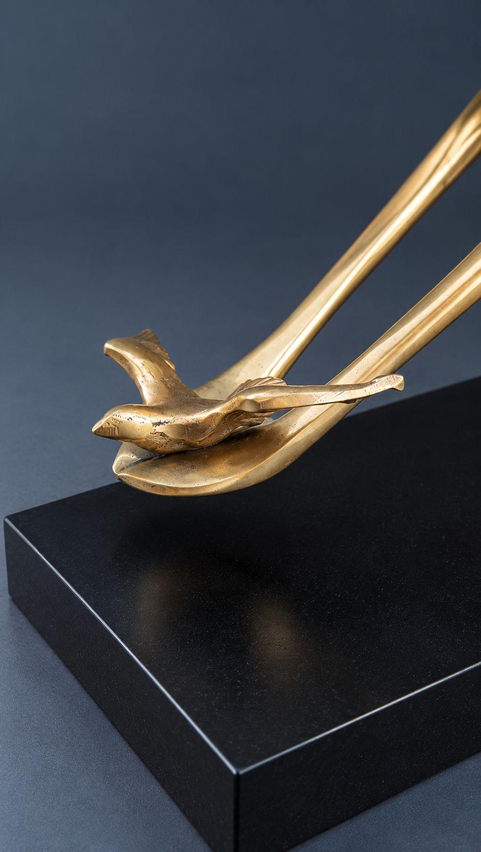 Vintage Modernist Brass or Bronze Sculpture, Stylized Woman Releasing a Dove on Black Wood Base, Peace Symbol Art Decor