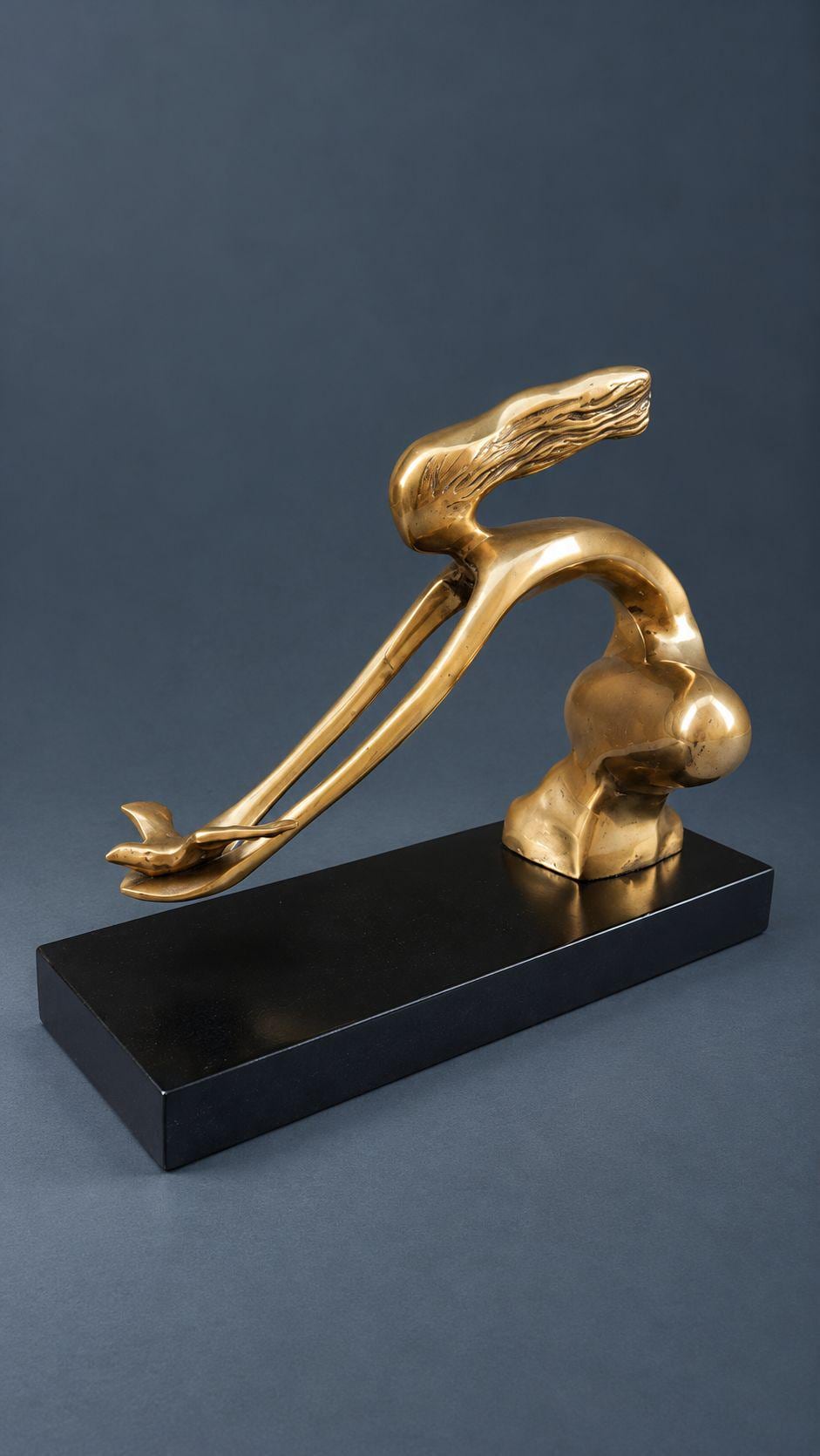 Vintage Modernist Brass or Bronze Sculpture, Stylized Woman Releasing a Dove on Black Wood Base, Peace Symbol Art Decor