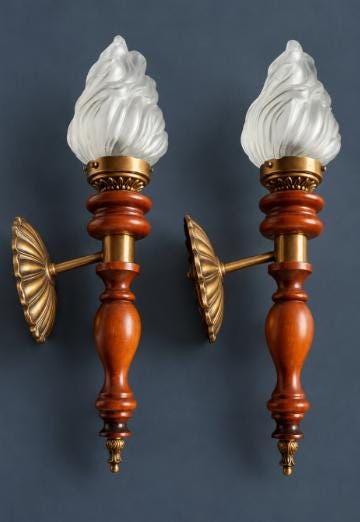 Pair of Vintage Wood and Brass Torch Wall Sconces with Frosted Glass Flame Shades, Turned Wood Body, Shell Wall Plate