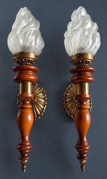 Pair of Vintage Wood and Brass Torch Wall Sconces with Frosted Glass Flame Shades, Turned Wood Body, Shell Wall Plate