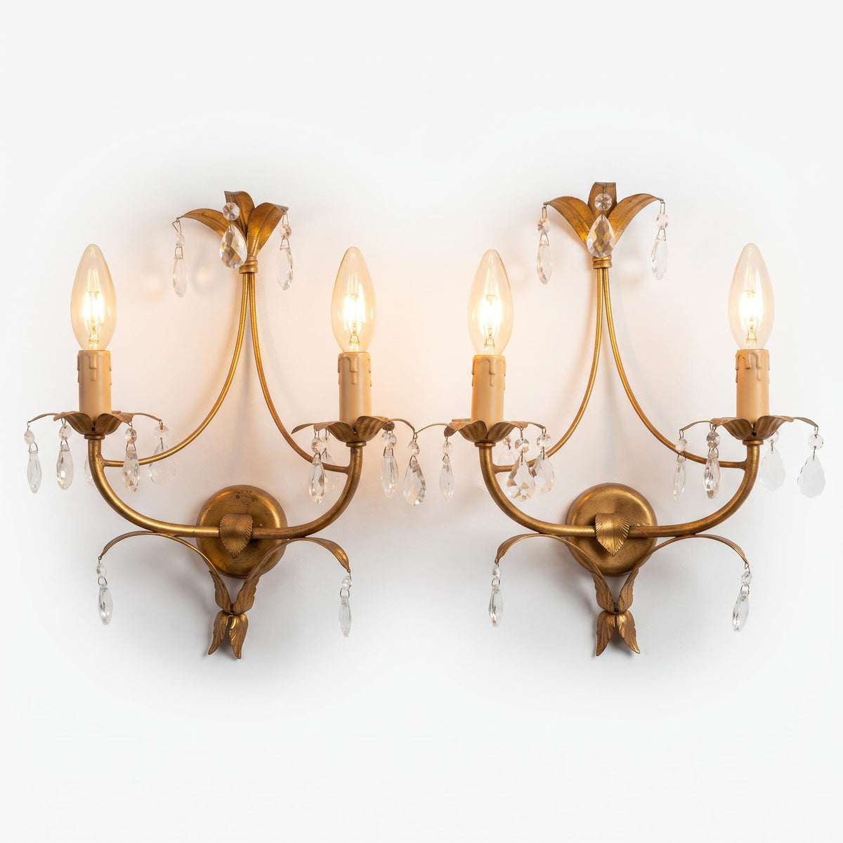 Pair of Vintage Gilt Metal Two-Arm Wall Sconces with Clear Drops, Tole Style Leaf Design, Hollywood Regency Candle Lights
