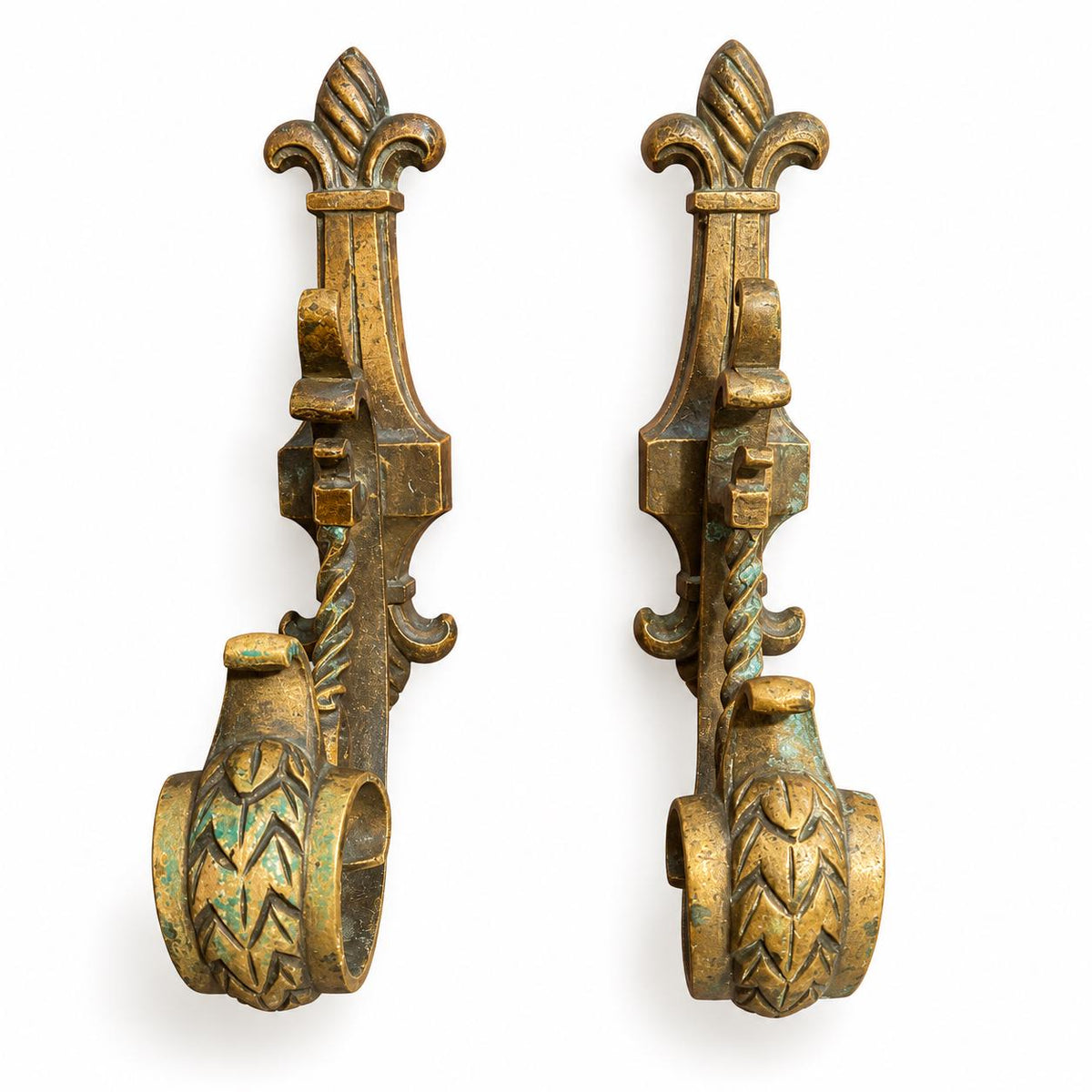 Pair of Vintage Bronze or Brass Curtain Tiebacks with Fleur-de-Lis Crest, Laurel Leaf Holdback Hooks, Classic Drapery Hardware
