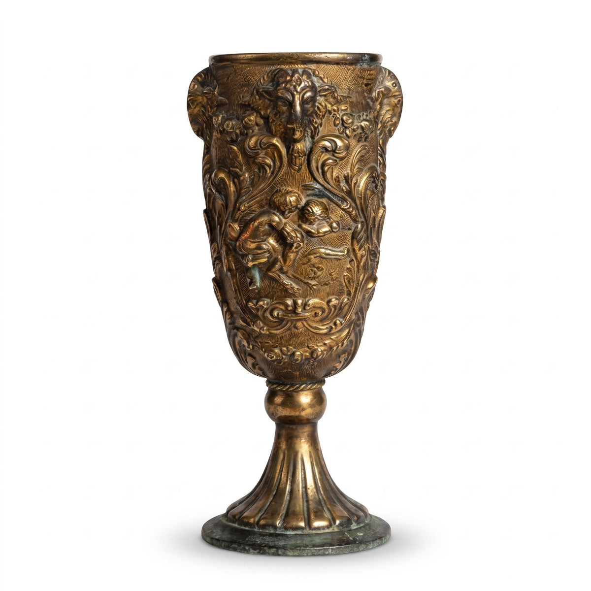 Vintage Repoussé Metal Chalice Vase with Rams’ Heads and Cherubs, Baroque Revival Embossed Goblet, Curiosity Cabinet Decor