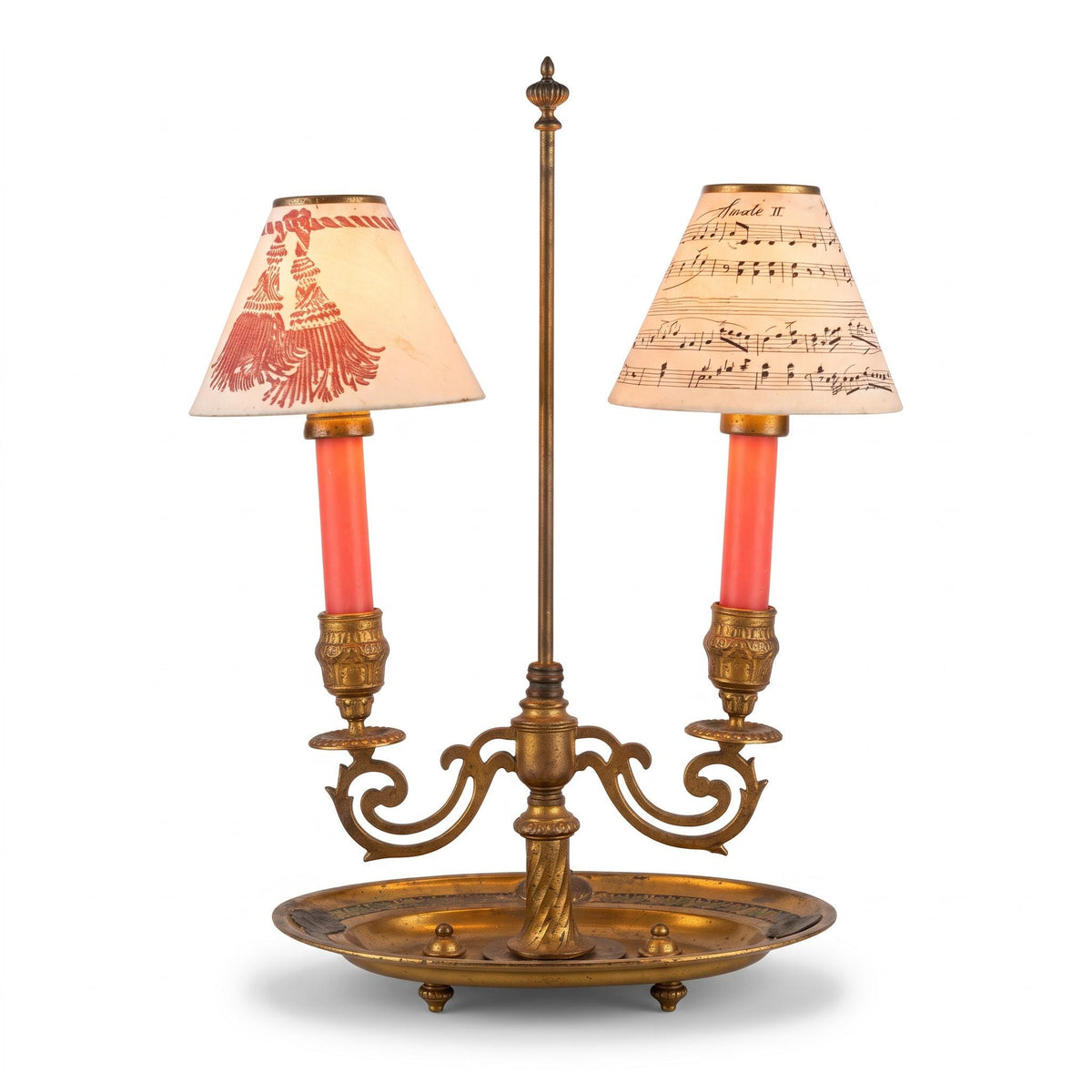 Vintage Bouillotte Style Brass Two-Light Table Lamp with Paper Shades, French Empire Inspired Candle Lamp on Oval Dish Base