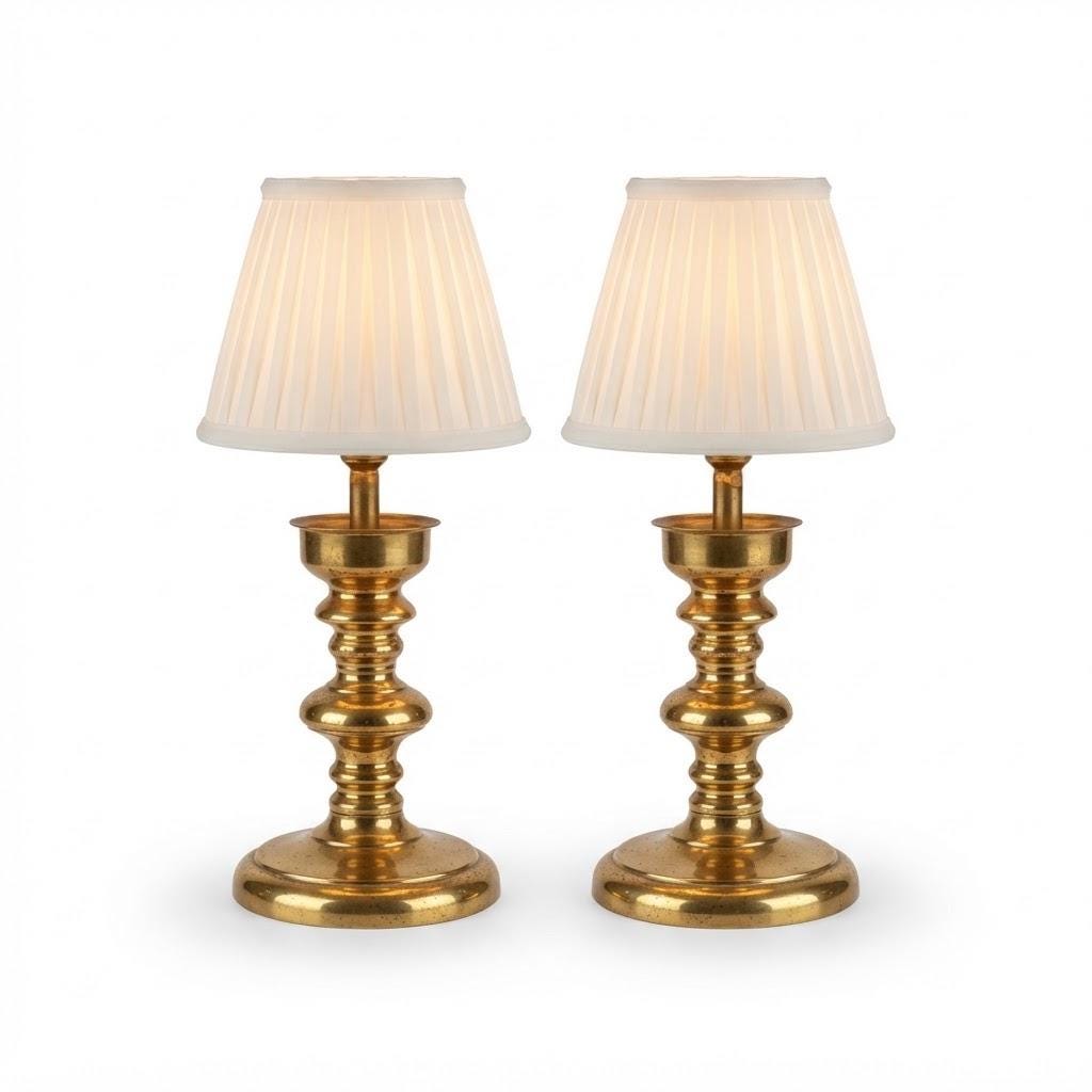 Vintage Pair of Gold-Tone Metal Table Lamp Bases, Turned Balusters and Bowl Collars, 22.3 cm