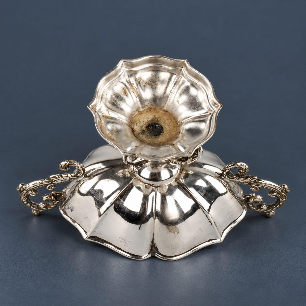 Vintage Silver-Tone Swan Pedestal Bowl, Two-Handled Footed Salt or Bonbon Dish with Scroll Handles and Scalloped Base