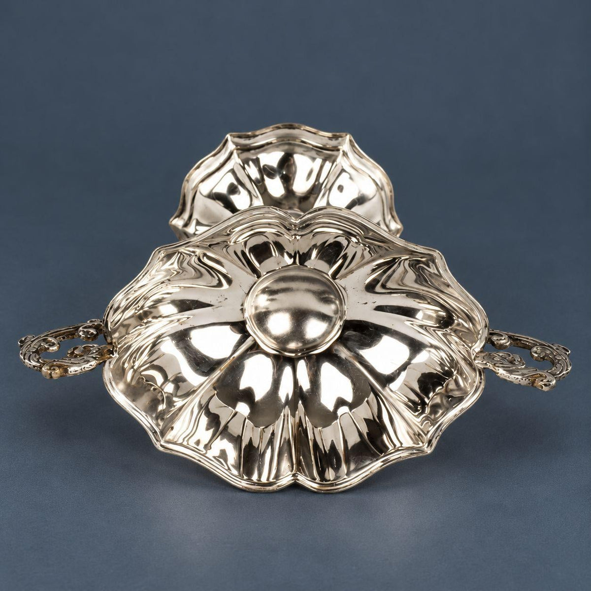 Vintage Silver-Tone Swan Pedestal Bowl, Two-Handled Footed Salt or Bonbon Dish with Scroll Handles and Scalloped Base