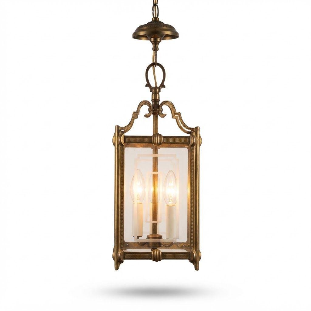 Vintage Louis XVI Style Bronze and Glass Hall Lantern, Two-Light Square Pendant with Etched Panes, Reeded Frame and Ribbon Bow