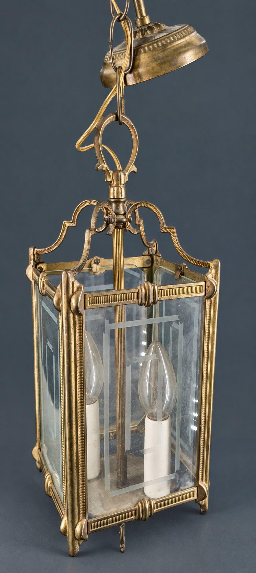 Vintage Louis XVI Style Bronze and Glass Hall Lantern, Two-Light Square Pendant with Etched Panes, Reeded Frame and Ribbon Bow