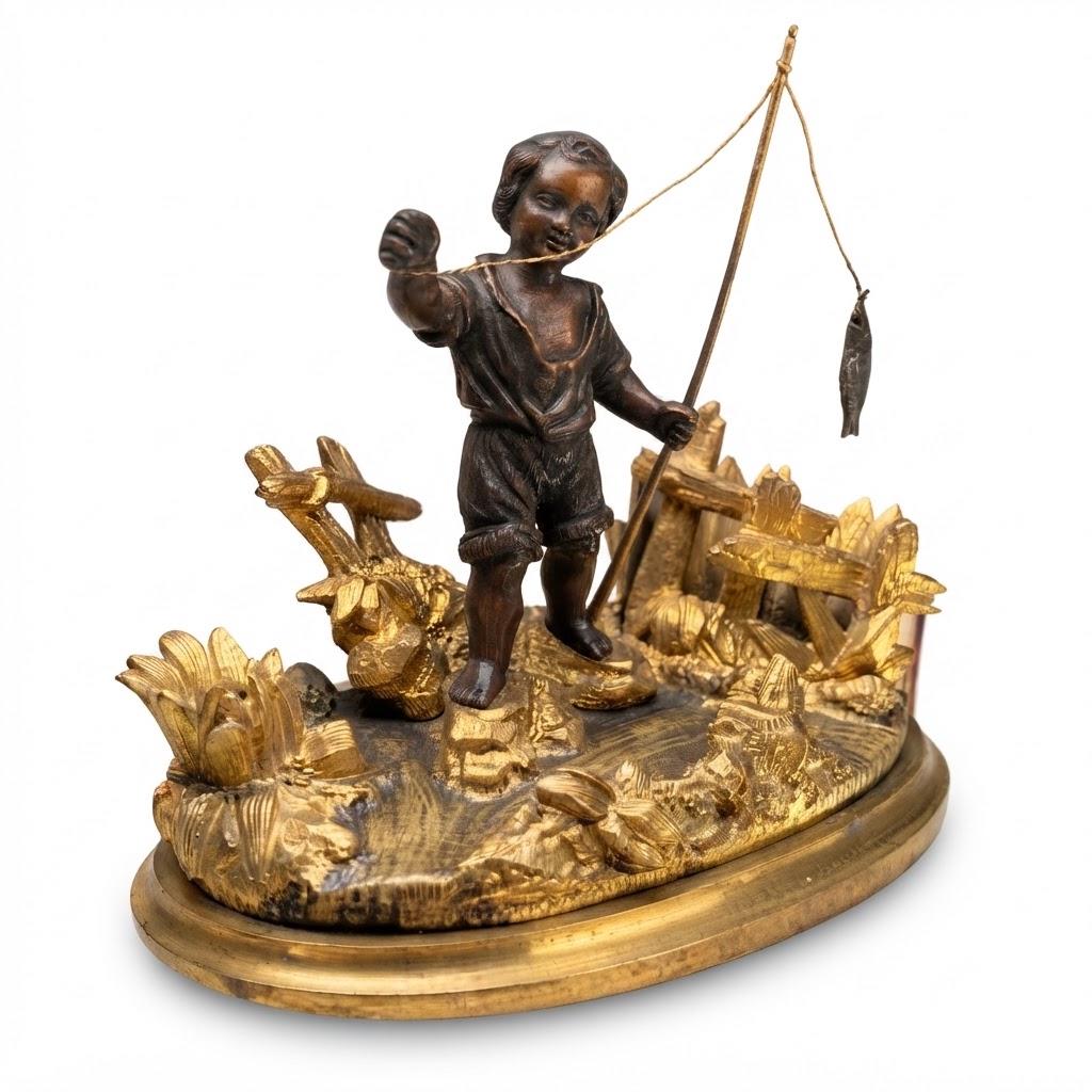 Antique 19th Century Gilt Bronze Match Holder, Young Boy Fishing with Rod and Fish on Reed-Covered Bank, Smoker’s Pyrogene