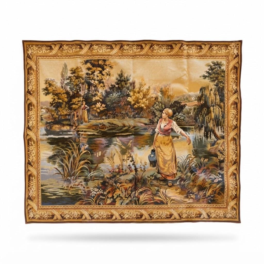 Vintage Flemish Woven Jacquard Wall Tapestry, Washerwoman by a River Landscape with Rose Ribbon Border, 61 x 45 Inches