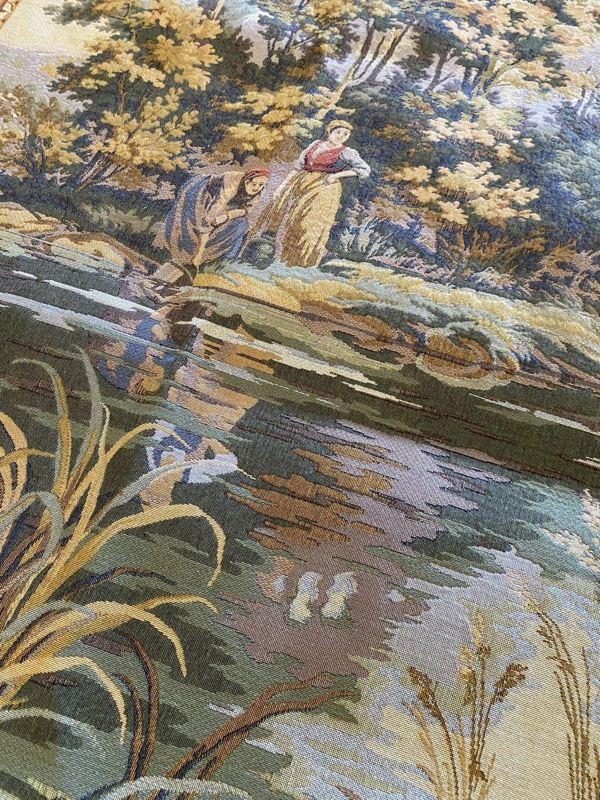 Vintage Flemish Woven Jacquard Wall Tapestry, Washerwoman by a River Landscape with Rose Ribbon Border, 61 x 45 Inches