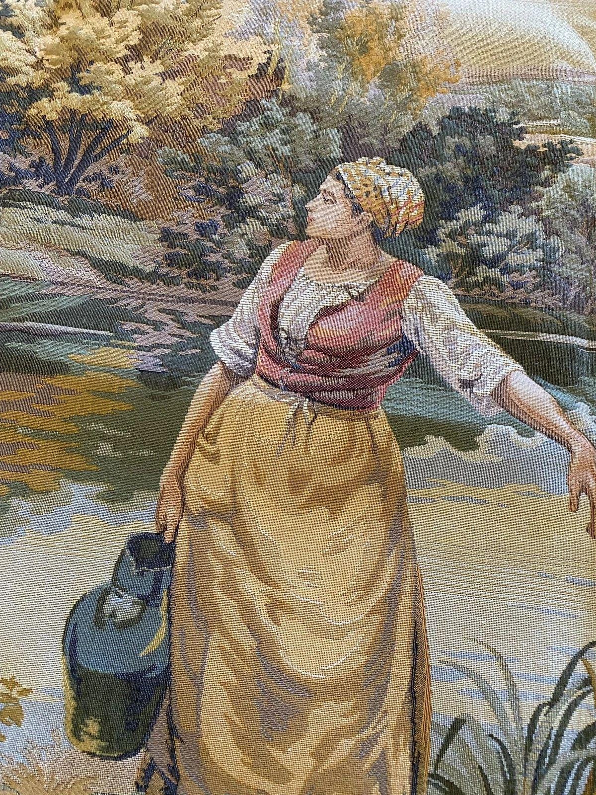 Vintage Flemish Woven Jacquard Wall Tapestry, Washerwoman by a River Landscape with Rose Ribbon Border, 61 x 45 Inches