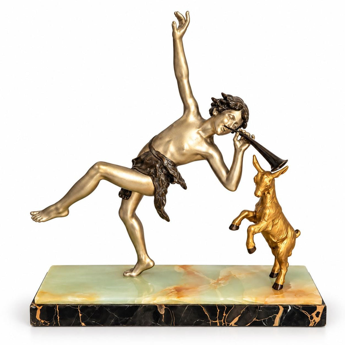 Vintage Art Deco Spelter Sculpture of Pan Playing Pipes with Leaping Goat, Silver and Gold Finish on Onyx and Black Marble Base