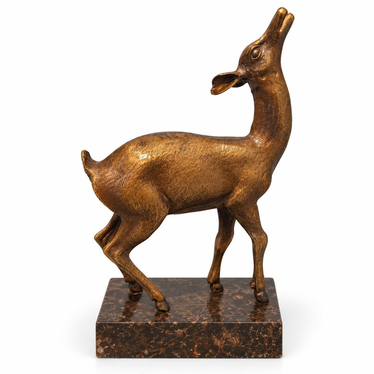 Vintage Bronze Fawn Sculpture on Dark Marble Base, Roe Deer Statue Looking Up, Woodland Animal Figure for Desk, Shelf or Mantel