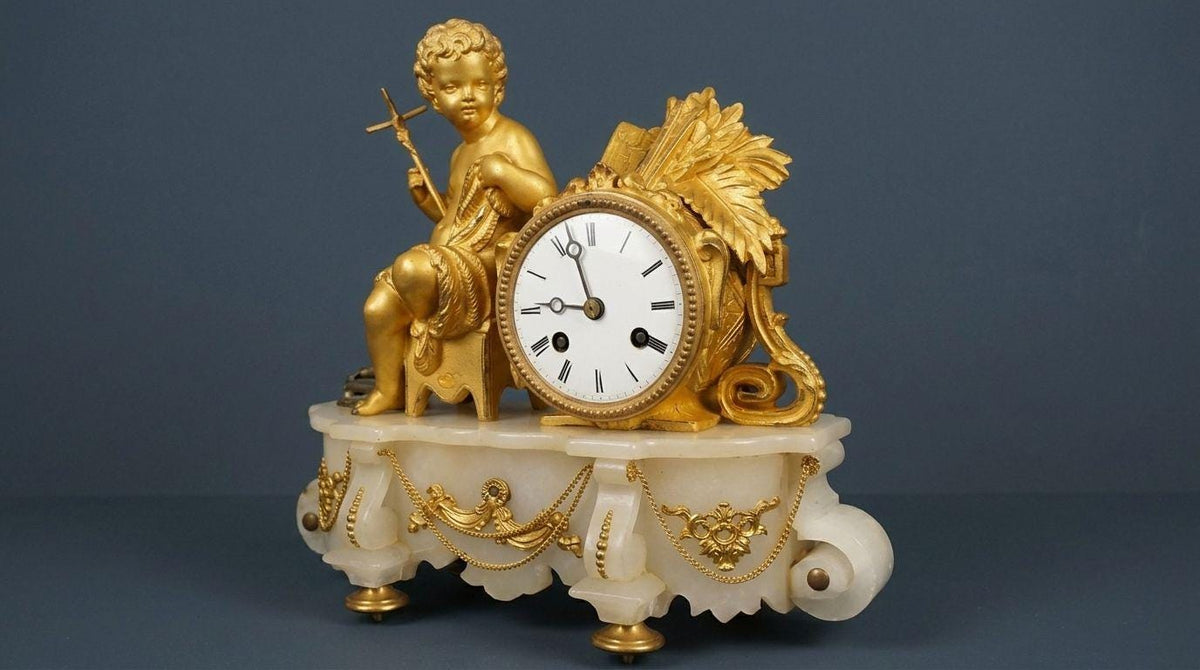 Antique Gilt Figural Mantel Clock on Alabaster Base, Young Saint John the Baptist with Cross and Lamb, Striking, circa 1855