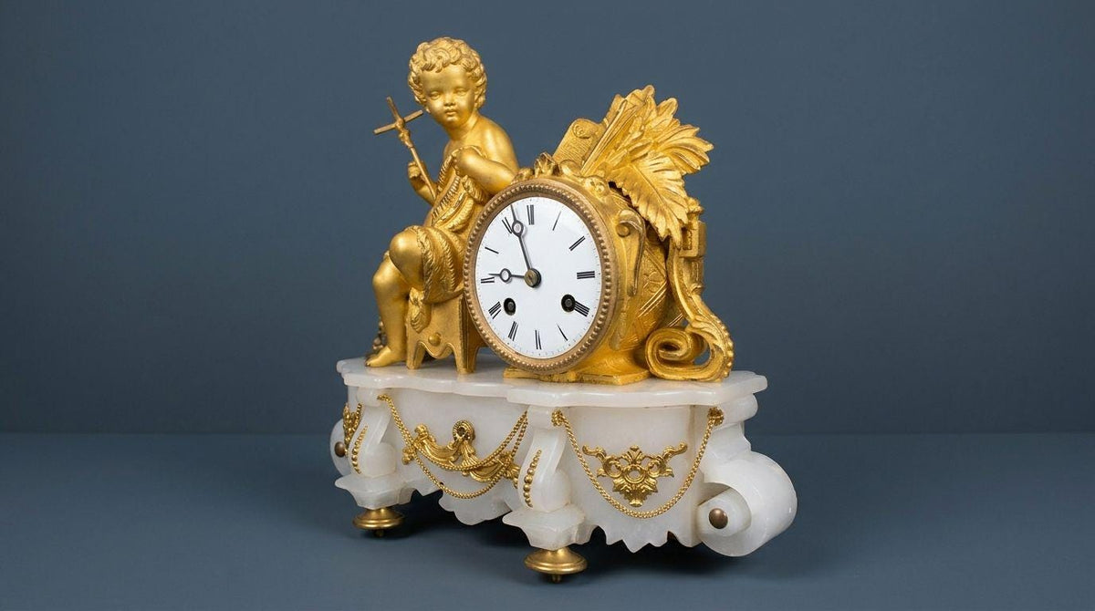 Antique Gilt Figural Mantel Clock on Alabaster Base, Young Saint John the Baptist with Cross and Lamb, Striking, circa 1855