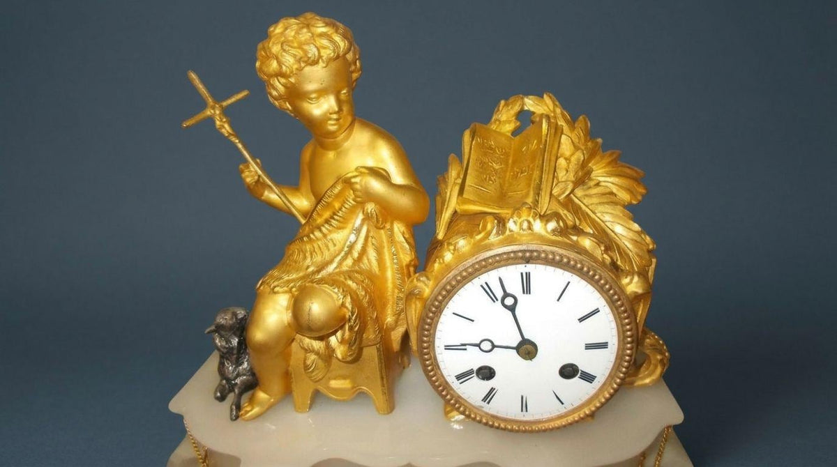 Antique Gilt Figural Mantel Clock on Alabaster Base, Young Saint John the Baptist with Cross and Lamb, Striking, circa 1855