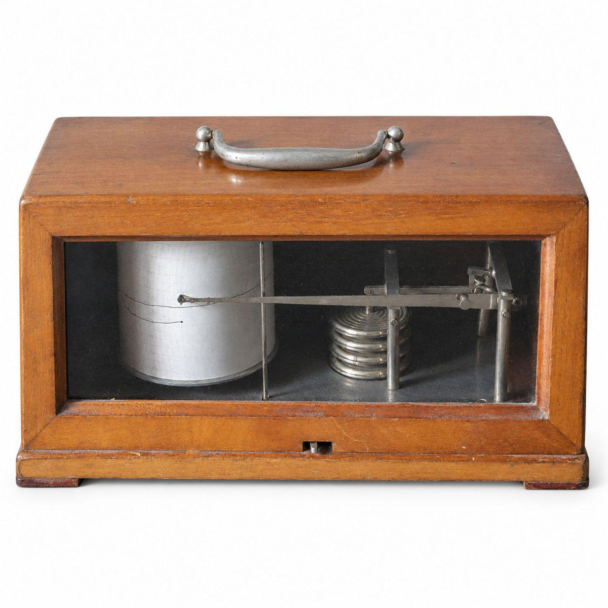 Vintage French Maxant Paris Barograph in Wood and Glass Case, Recording Barometer with Clockwork Drum and Key, Desk Decor