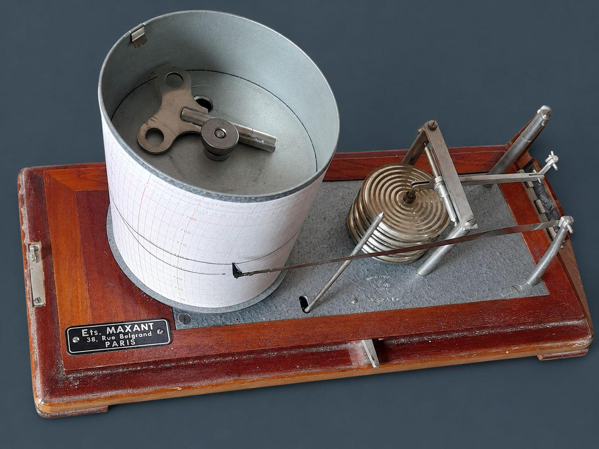 Vintage French Maxant Paris Barograph in Wood and Glass Case, Recording Barometer with Clockwork Drum and Key, Desk Decor