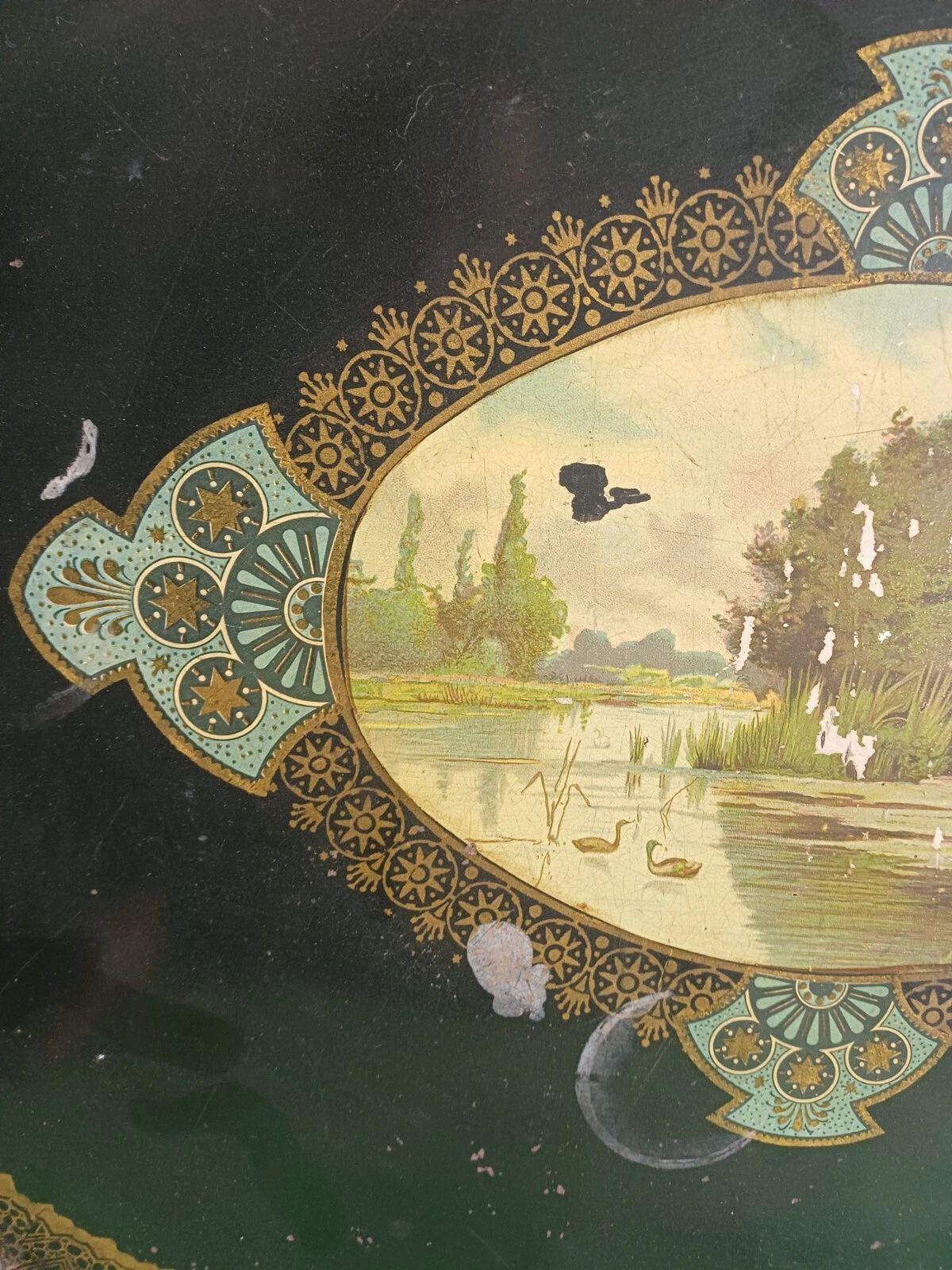 Antique Napoleon III Painted Tole Tray, Large Oval Black Toleware with Gilt Border and Swan Lake Landscape Cartouche