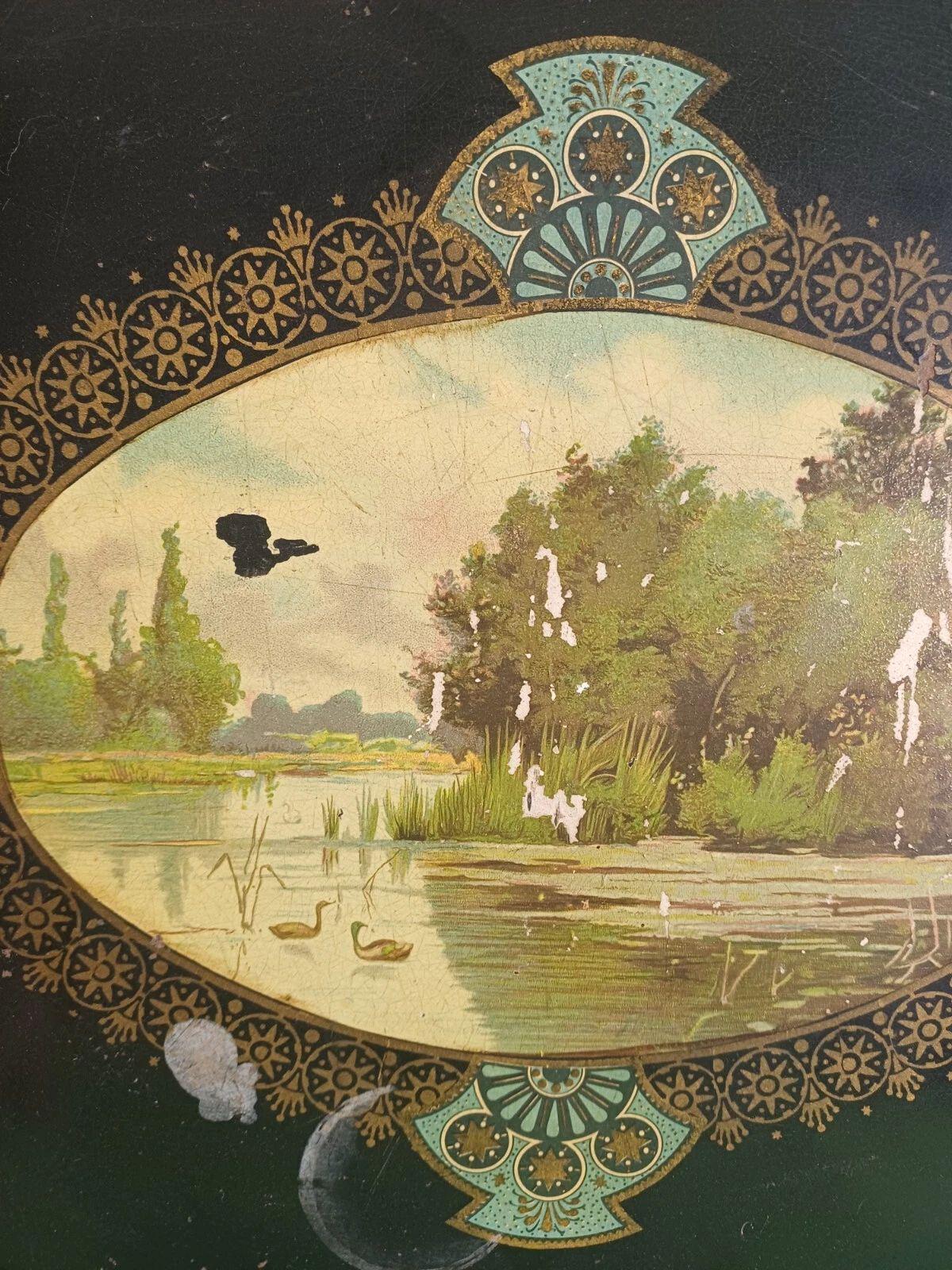 Antique Napoleon III Painted Tole Tray, Large Oval Black Toleware with Gilt Border and Swan Lake Landscape Cartouche