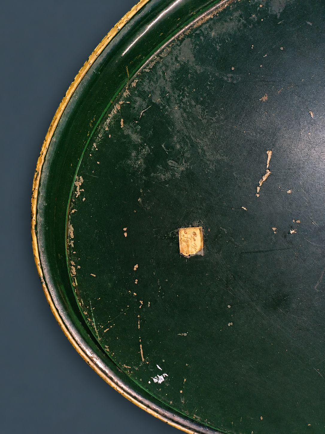 Antique Napoleon III Painted Tole Tray, Large Oval Black Toleware with Gilt Border and Swan Lake Landscape Cartouche