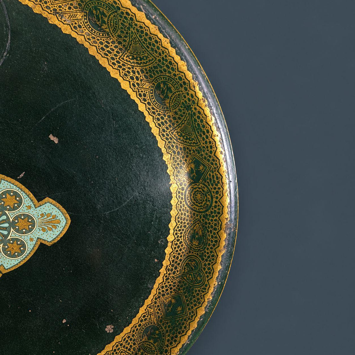 Antique Napoleon III Painted Tole Tray, Large Oval Black Toleware with Gilt Border and Swan Lake Landscape Cartouche