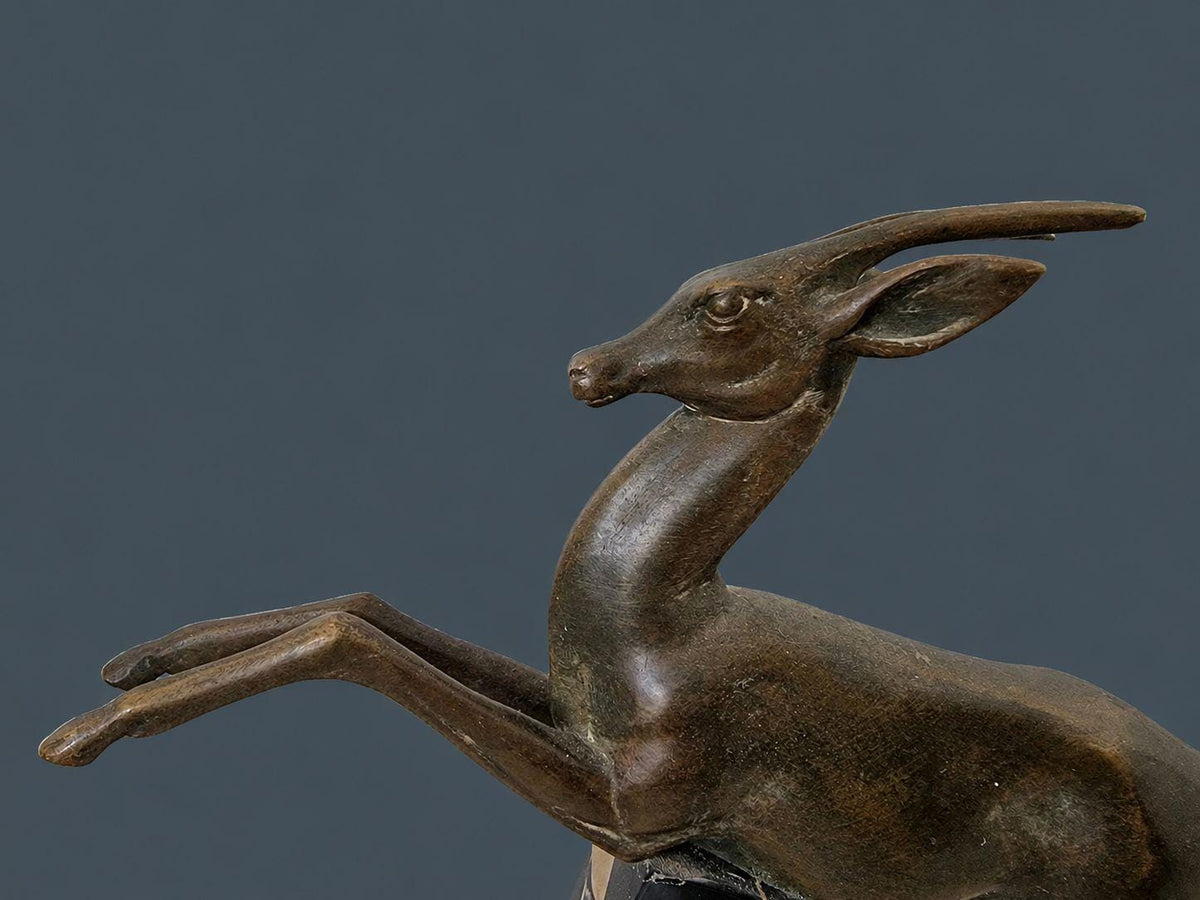 Vintage 1930s Art Deco Diana the Huntress Sculpture with Leaping Gazelle, Spelter on Marble and Onyx Base, Dog Show Trophy