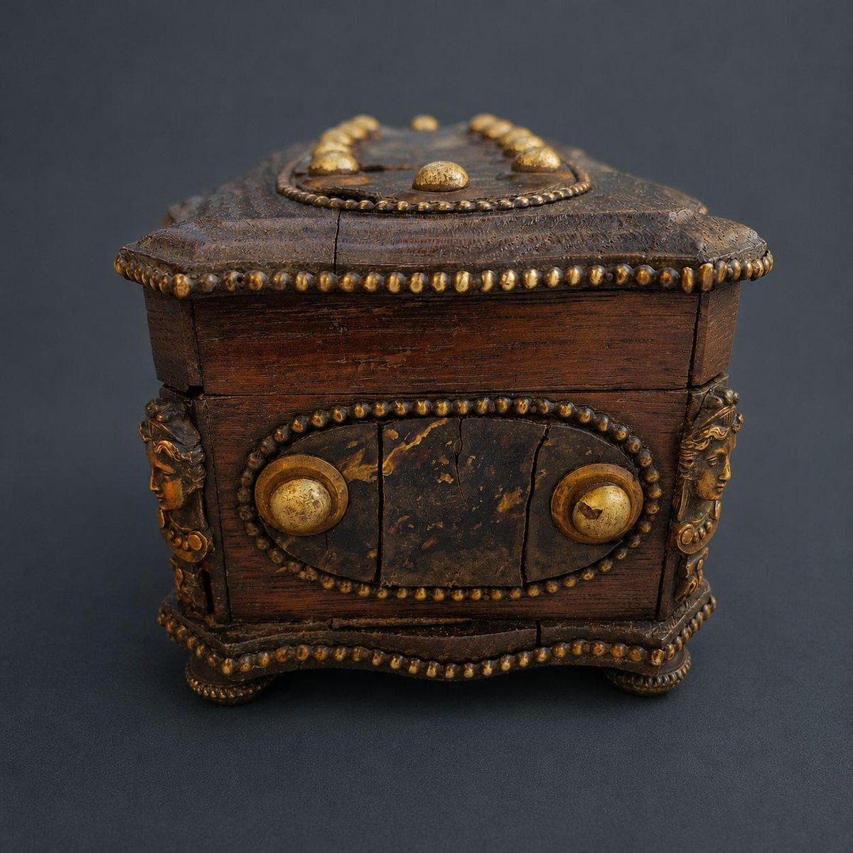 Antique 19th Century Neo-Renaissance Oak Casket, Studded Mottled Plaques and Gilt Caryatid Mask Mounts, Long Glove or Jewelry Box