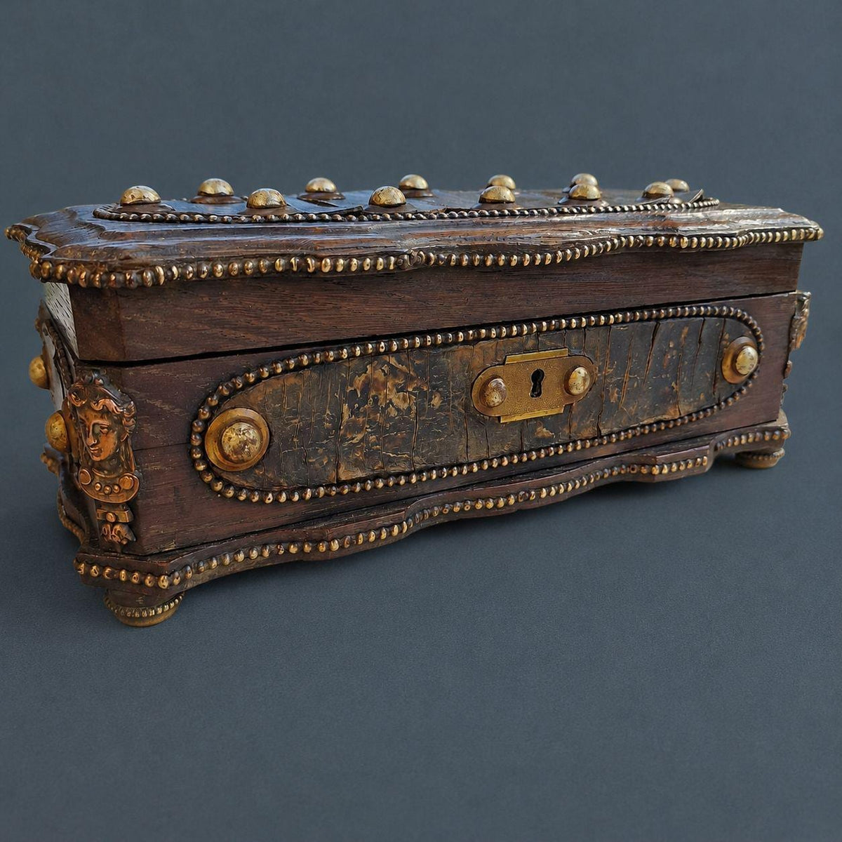 Antique 19th Century Neo-Renaissance Oak Casket, Studded Mottled Plaques and Gilt Caryatid Mask Mounts, Long Glove or Jewelry Box