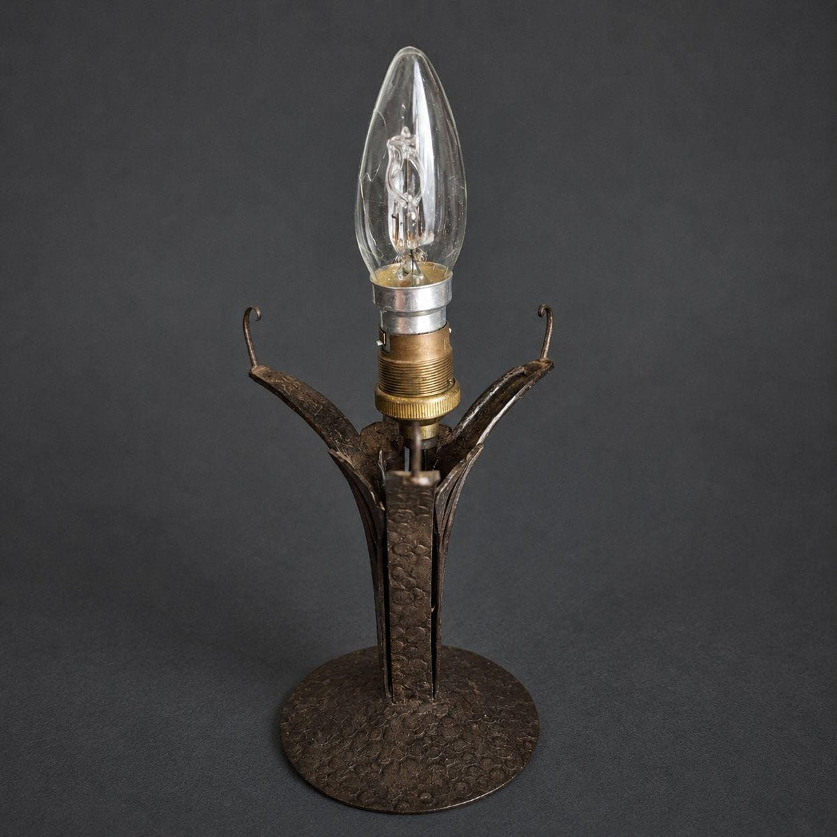 Vintage French Art Deco Wrought Iron Table Lamp with Mottled Yellow and Purple Art Glass Tulip Shade, Hammered Leaf Stem