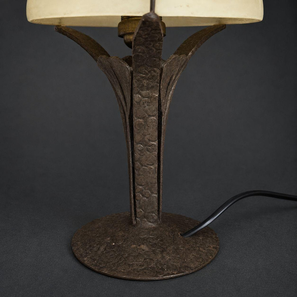 Vintage French Art Deco Wrought Iron Table Lamp with Mottled Yellow and Purple Art Glass Tulip Shade, Hammered Leaf Stem