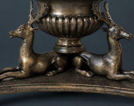 Antique 19th Century Bronze Grand Tour Inkwell with Three Reclining Stags, Gadrooned Urn on Triangular Base with Hoof Feet